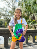 Load image into Gallery viewer, YOUTH TIE DYE SWIRL SHORT OVERALLS