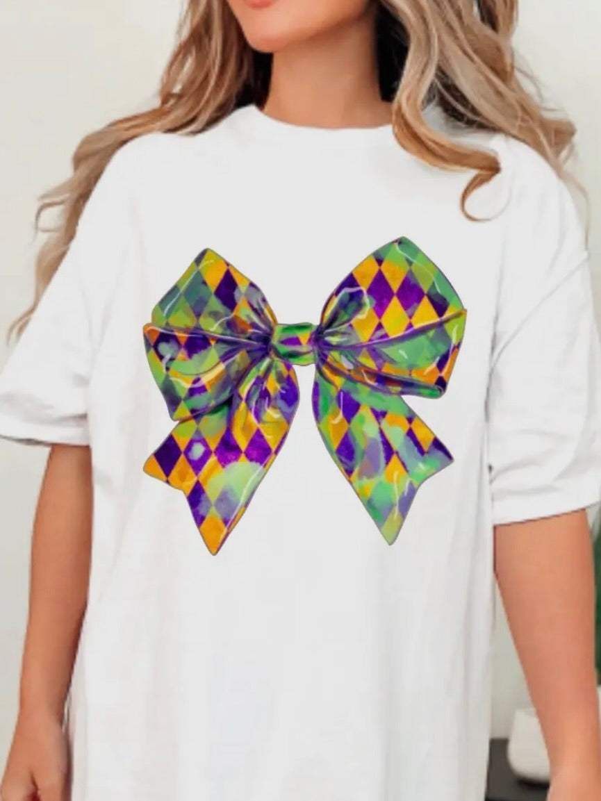 Mardi Gras Checker Coquette Bow Graphic Tee Adult