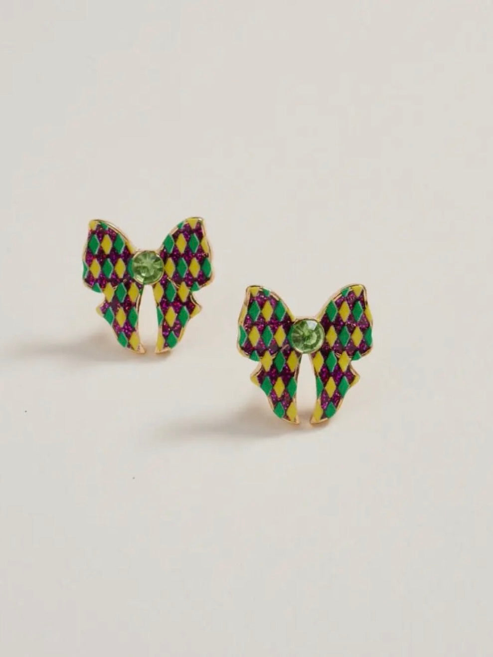 Mardi Gras Ribbon Bow Enamel Print Post Earrings