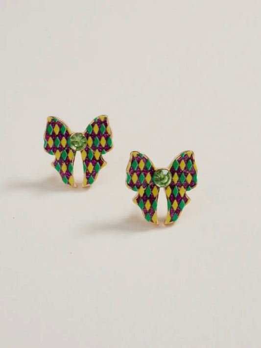 Mardi Gras Ribbon Bow Enamel Print Post Earrings