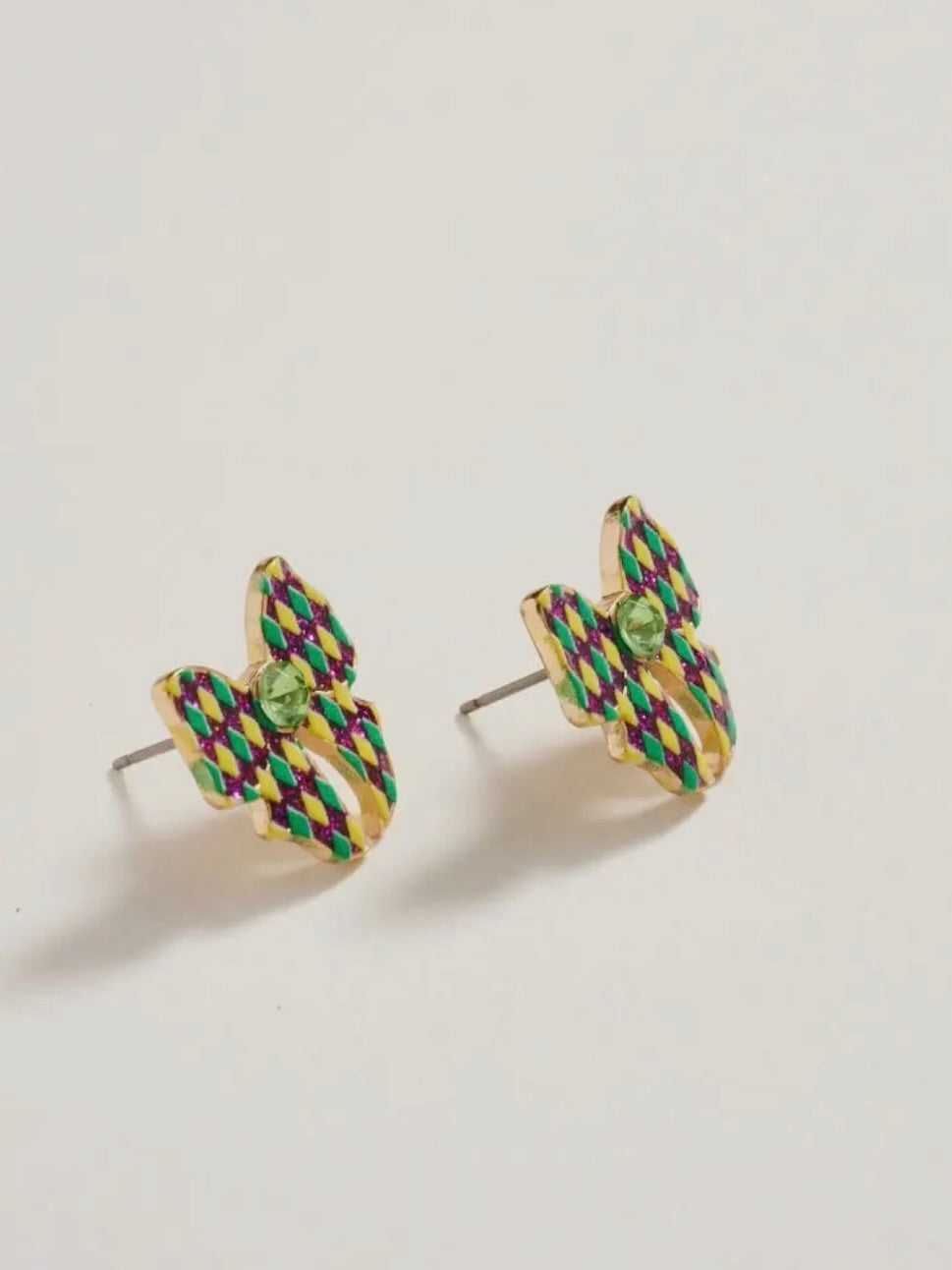 Mardi Gras Ribbon Bow Enamel Print Post Earrings