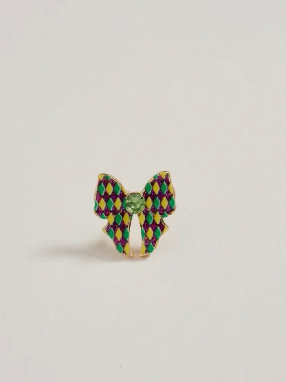 Mardi Gras Ribbon Bow Enamel Print Post Earrings