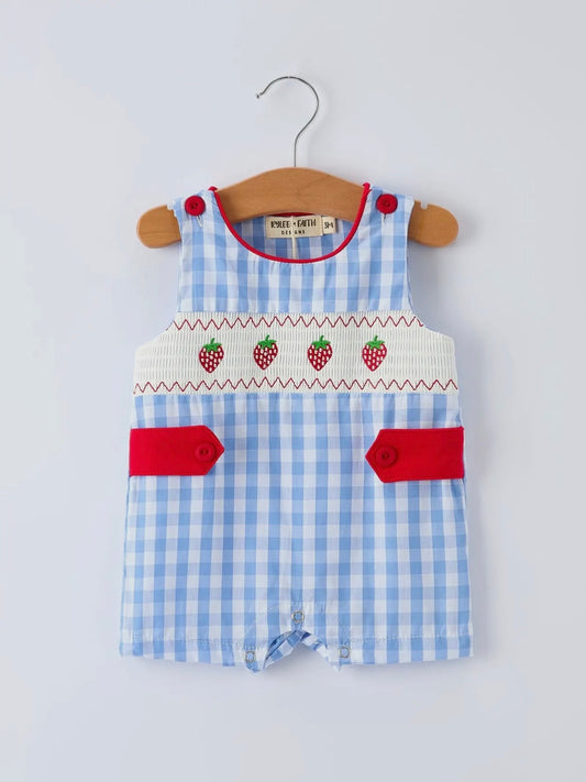 Strawberry Gingham Smocked Boys Romper