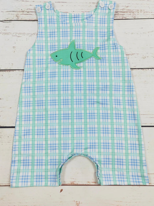 Baby Boy Shark Appliqué Checkered Romper