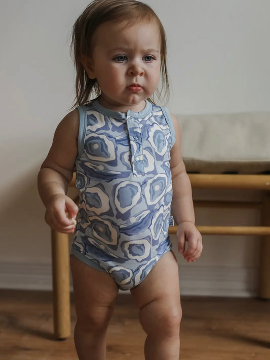 Blue Oyster Bamboo Henley Onesie with Snaps