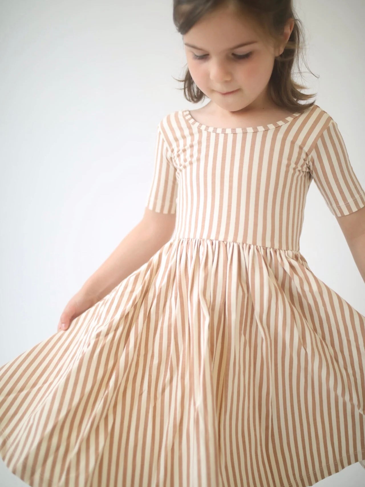Short Sleeve Twirl Dress in Toffee Stripes