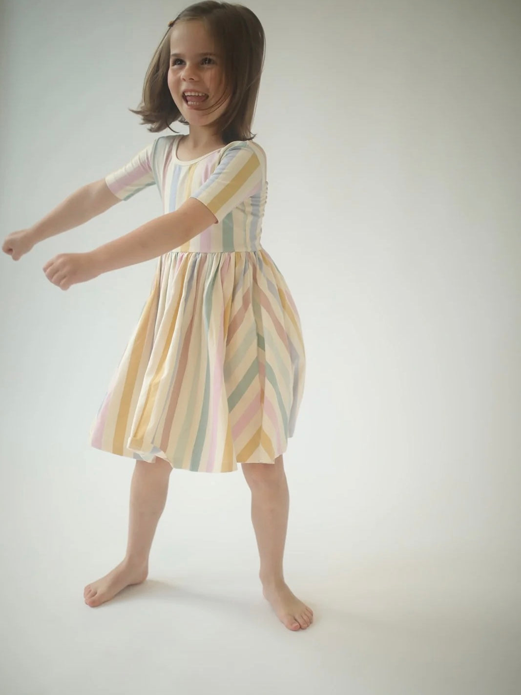 Short Sleeve Twirl Dress in Pastel Stripes