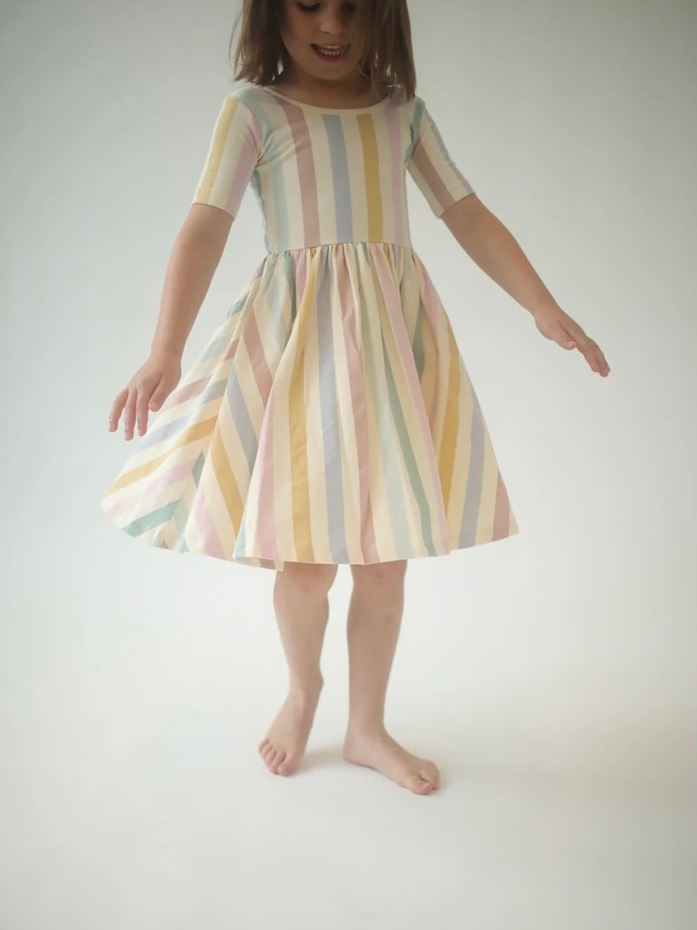 Short Sleeve Twirl Dress in Pastel Stripes