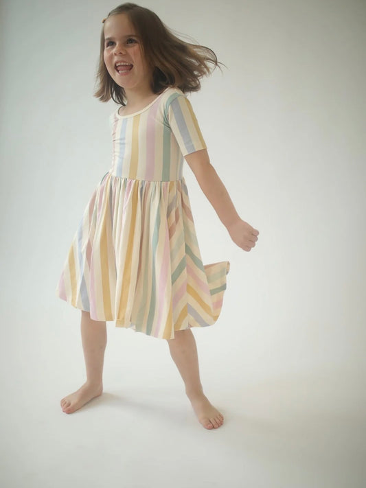 Short Sleeve Twirl Dress in Pastel Stripes