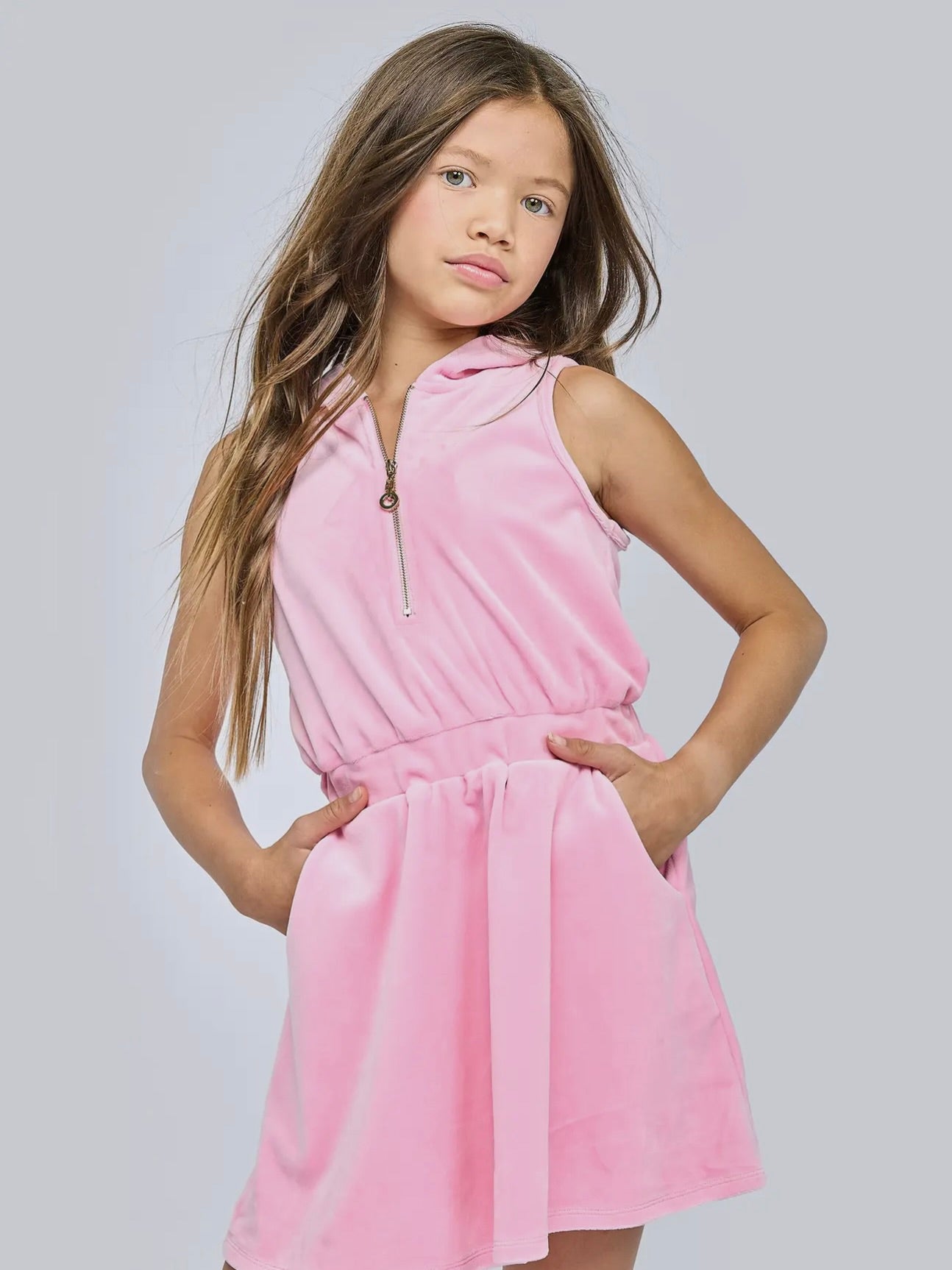 Sleeveless Hooded Velour Dress with Half Zip