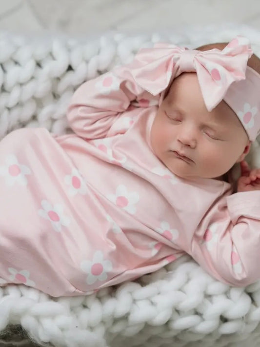 Pink Dainty Flower Baby Gown and Bow Headband