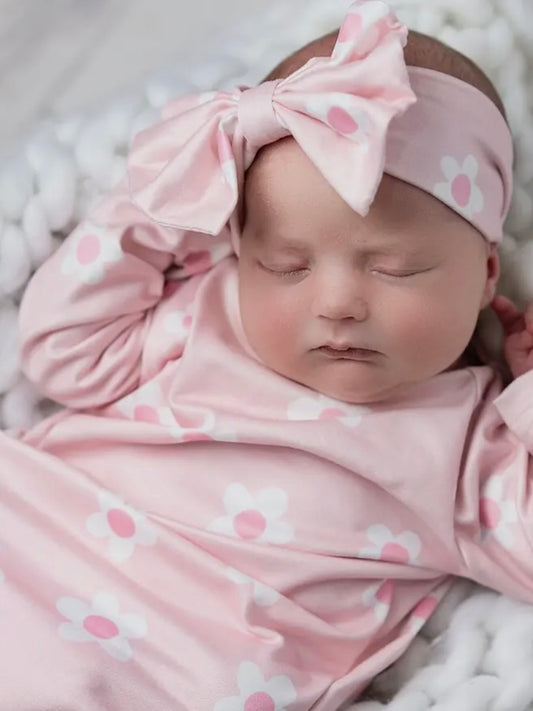 Pink Dainty Flower Baby Gown and Bow Headband