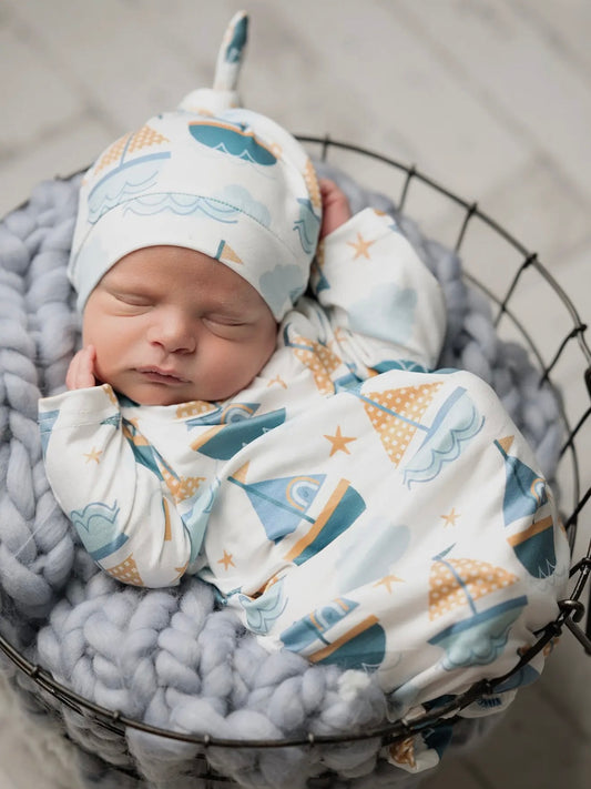 Blue Sail Boat Baby Gown and Hat Set