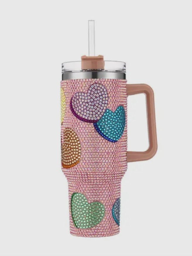 Rhinestone Colored Hearts Themed Tumbler