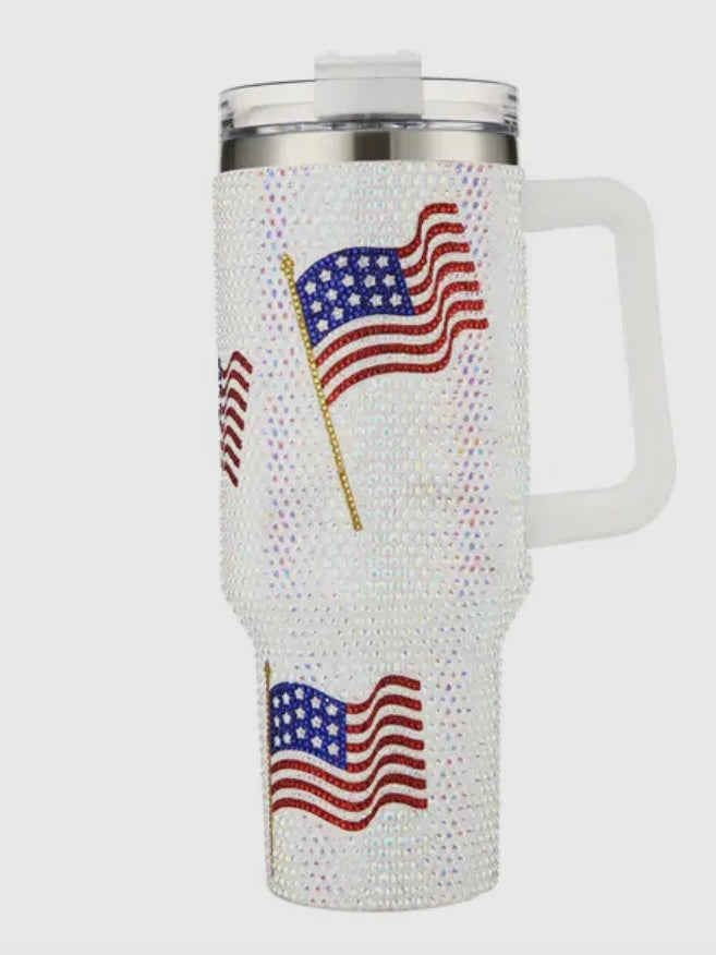 Rhinestone Flag Themed White Tumbler