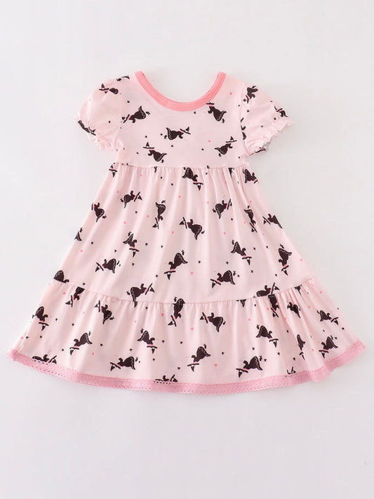Pink Bat Print Tiered Dress