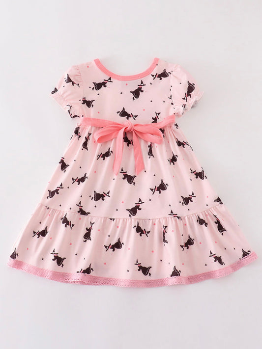 Pink Bat Print Tiered Dress