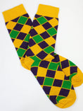 Load image into Gallery viewer, YELLOW DIAMOND PRINTED SOCKS WITH PURPLE GREEN AND GOLD
