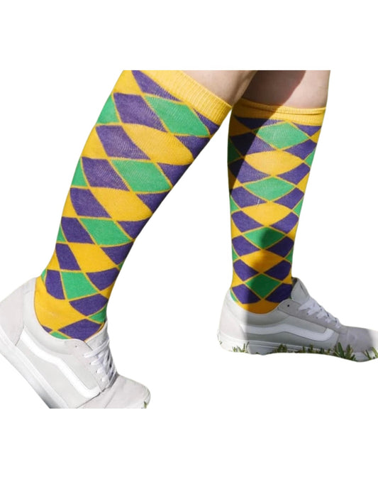 YELLOW DIAMOND PRINTED SOCKS WITH PURPLE GREEN AND GOLD